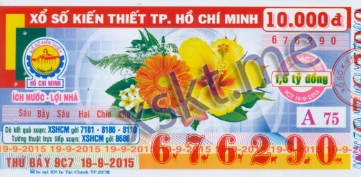 Mẫu vé sô xổ số Hồ Chí Minh ngày 19/9/2015