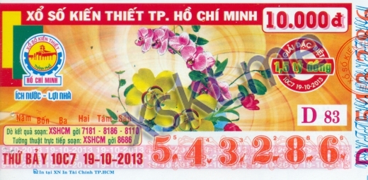 Mẫu vé sô xổ số Hồ Chí Minh ngày 19/10/2013