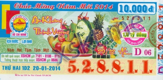 Mẫu vé sô xổ số Hồ Chí Minh ngày 20/1/2014