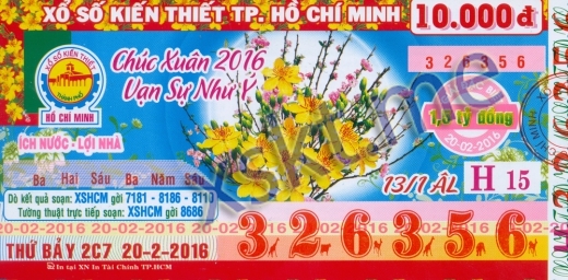 Mẫu vé sô xổ số Hồ Chí Minh ngày 20/2/2016