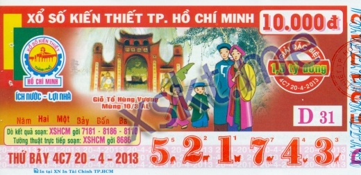 Mẫu vé sô xổ số Hồ Chí Minh ngày 20/4/2013