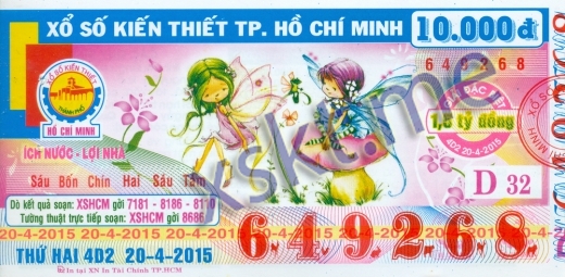 Mẫu vé sô xổ số Hồ Chí Minh ngày 20/4/2015