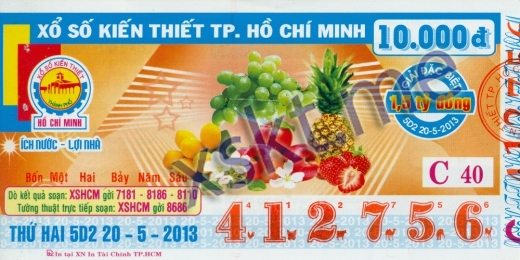 Mẫu vé sô xổ số Hồ Chí Minh ngày 20/5/2013
