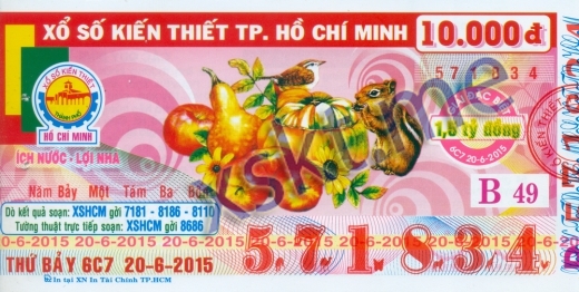 Mẫu vé sô xổ số Hồ Chí Minh ngày 20/6/2015
