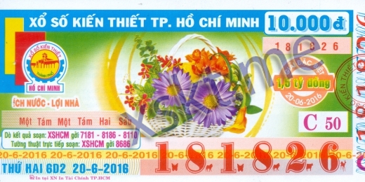 Mẫu vé sô xổ số Hồ Chí Minh ngày 20/6/2016