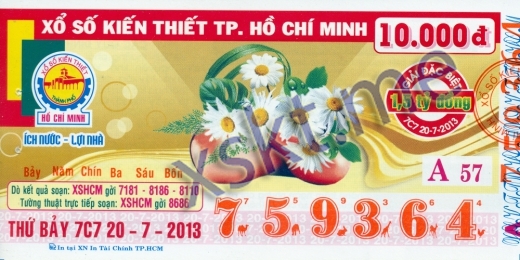 Mẫu vé sô xổ số Hồ Chí Minh ngày 20/7/2013