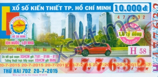 Mẫu vé sô xổ số Hồ Chí Minh ngày 20/7/2015