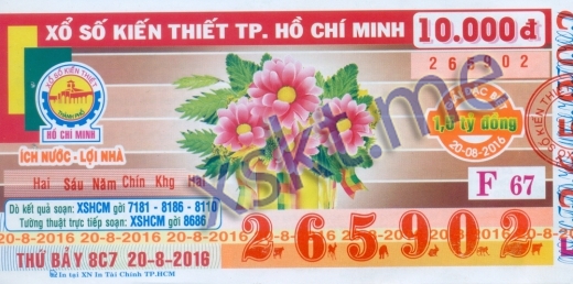 Mẫu vé sô xổ số Hồ Chí Minh ngày 20/8/2016