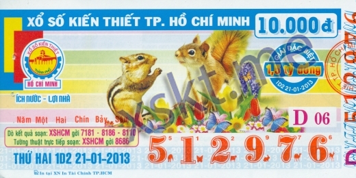 Mẫu vé sô xổ số Hồ Chí Minh ngày 21/1/2013
