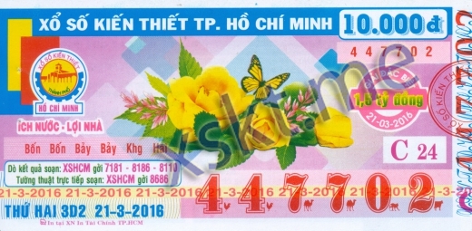 Mẫu vé sô xổ số Hồ Chí Minh ngày 21/3/2016