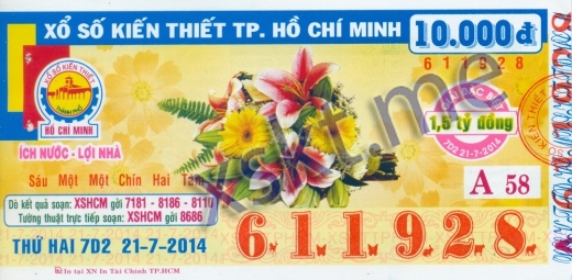 Mẫu vé sô xổ số Hồ Chí Minh ngày 21/7/2014
