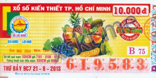 Mẫu vé sô xổ số Hồ Chí Minh ngày 21/9/2013