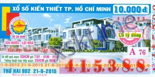 Mẫu vé sô xổ số Hồ Chí Minh ngày 21/9/2015