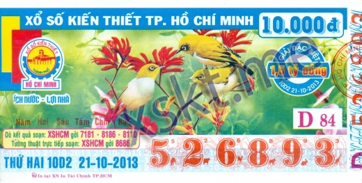 Mẫu vé sô xổ số Hồ Chí Minh ngày 21/10/2013