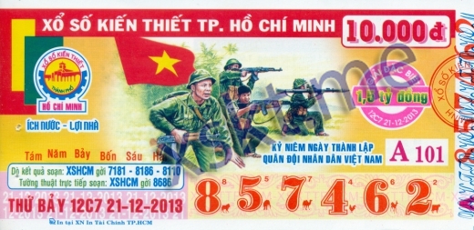 Mẫu vé sô xổ số Hồ Chí Minh ngày 21/12/2013