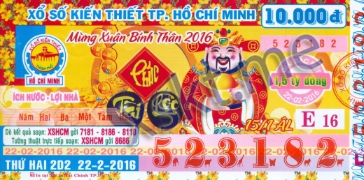 Mẫu vé sô xổ số Hồ Chí Minh ngày 22/2/2016
