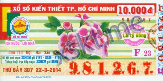 Mẫu vé sô xổ số Hồ Chí Minh ngày 22/3/2014