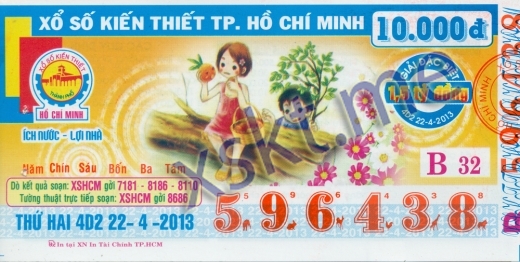 Mẫu vé sô xổ số Hồ Chí Minh ngày 22/4/2013