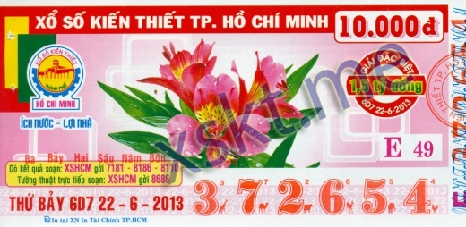 Mẫu vé sô xổ số Hồ Chí Minh ngày 22/6/2013
