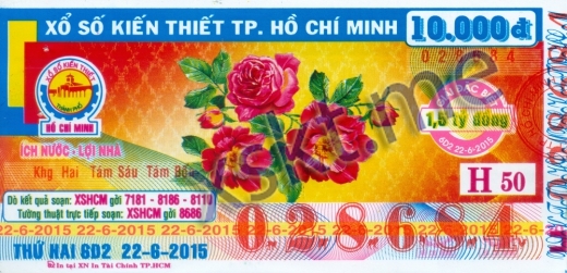 Mẫu vé sô xổ số Hồ Chí Minh ngày 22/6/2015