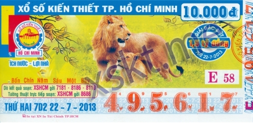 Mẫu vé sô xổ số Hồ Chí Minh ngày 22/7/2013
