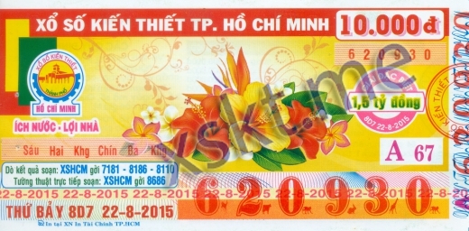 Mẫu vé sô xổ số Hồ Chí Minh ngày 22/8/2015