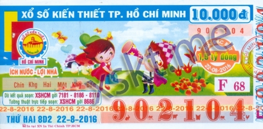 Mẫu vé sô xổ số Hồ Chí Minh ngày 22/8/2016