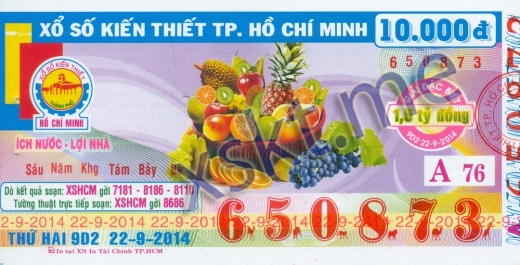 Mẫu vé sô xổ số Hồ Chí Minh ngày 22/9/2014