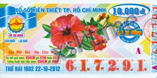 Mẫu vé sô xổ số Hồ Chí Minh ngày 22/10/2012