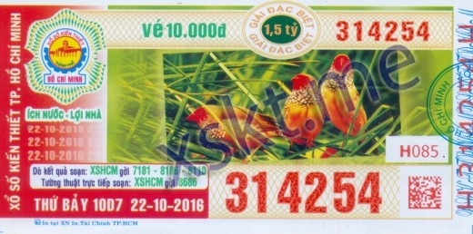 Mẫu vé sô xổ số Hồ Chí Minh ngày 22/10/2016