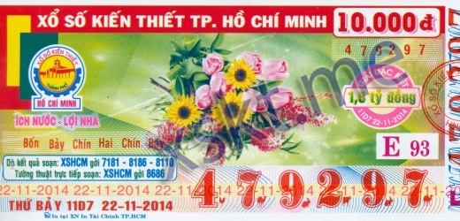Mẫu vé sô xổ số Hồ Chí Minh ngày 22/11/2014