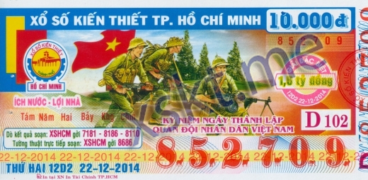 Mẫu vé sô xổ số Hồ Chí Minh ngày 22/12/2014