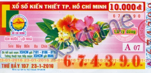 Mẫu vé sô xổ số Hồ Chí Minh ngày 23/1/2016