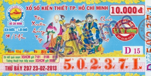 Mẫu vé sô xổ số Hồ Chí Minh ngày 23/2/2013