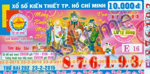 Mẫu vé sô xổ số Hồ Chí Minh ngày 23/2/2015