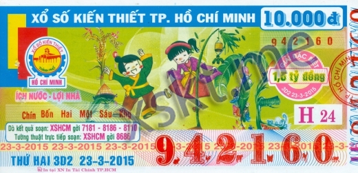 Mẫu vé sô xổ số Hồ Chí Minh ngày 23/3/2015