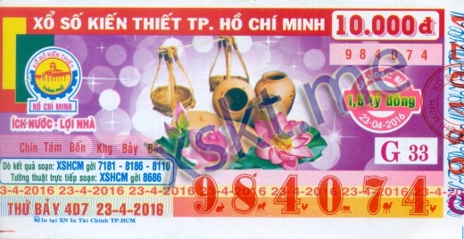 Mẫu vé sô xổ số Hồ Chí Minh ngày 23/4/2016