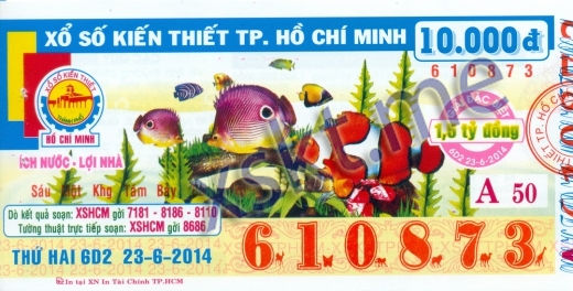 Mẫu vé sô xổ số Hồ Chí Minh ngày 23/6/2014