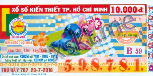Mẫu vé sô xổ số Hồ Chí Minh ngày 23/7/2016