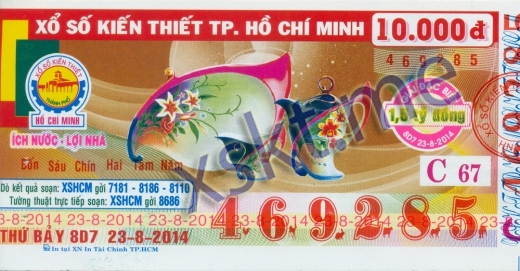 Mẫu vé sô xổ số Hồ Chí Minh ngày 23/8/2014
