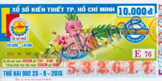 Mẫu vé sô xổ số Hồ Chí Minh ngày 23/9/2013