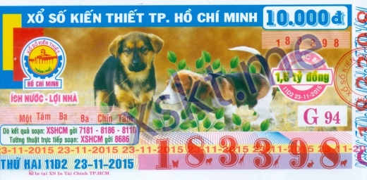 Mẫu vé sô xổ số Hồ Chí Minh ngày 23/11/2015