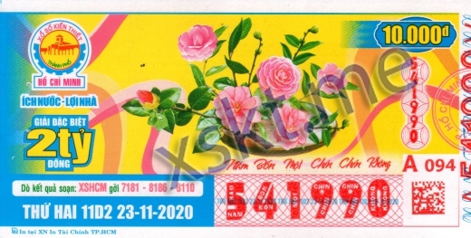 Mẫu vé sô xổ số Hồ Chí Minh ngày 23/11/2020
