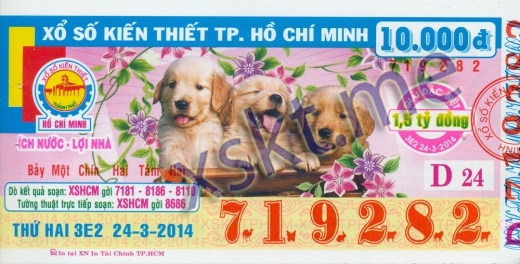 Mẫu vé sô xổ số Hồ Chí Minh ngày 24/3/2014