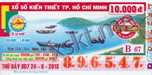 Mẫu vé sô xổ số Hồ Chí Minh ngày 24/8/2013