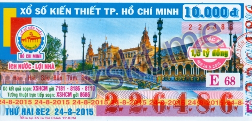 Mẫu vé sô xổ số Hồ Chí Minh ngày 24/8/2015