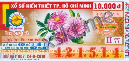 Mẫu vé sô xổ số Hồ Chí Minh ngày 24/9/2016