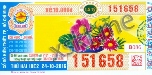 Mẫu vé sô xổ số Hồ Chí Minh ngày 24/10/2016