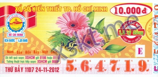 Mẫu vé sô xổ số Hồ Chí Minh ngày 24/11/2012