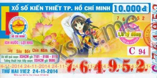 Mẫu vé sô xổ số Hồ Chí Minh ngày 24/11/2014
